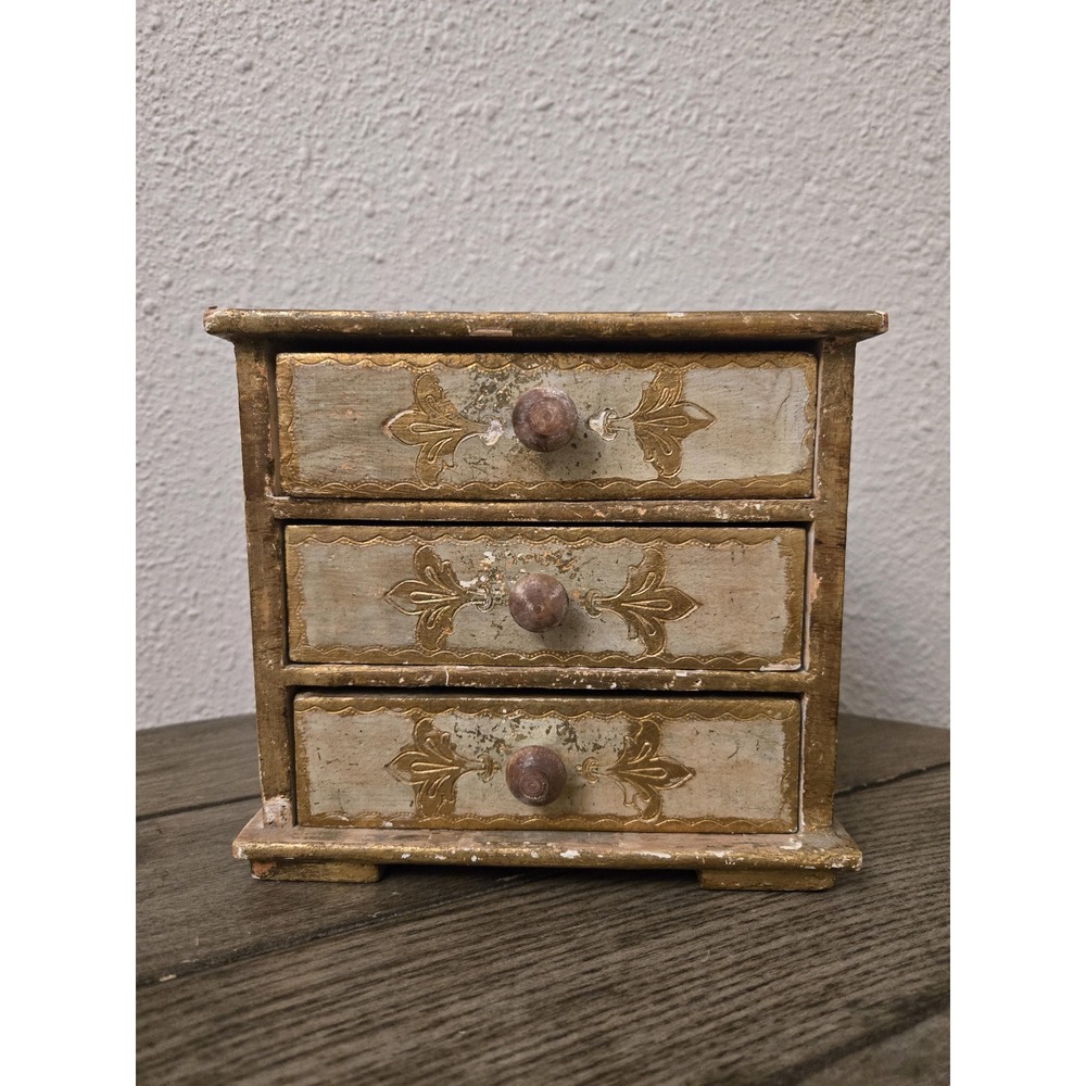 VINTAGE ITALIAN FLORENTINE JEWELRY BOX CHEST 3 DRAWER Gold Cream Pink 6.5"x6"x4